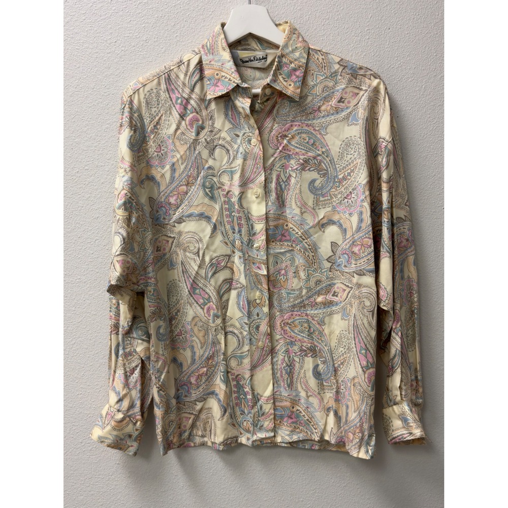 Vintage Diane Von Furstenberg Paisley Blouse Womens S Yellow Rayon Boho Designer
